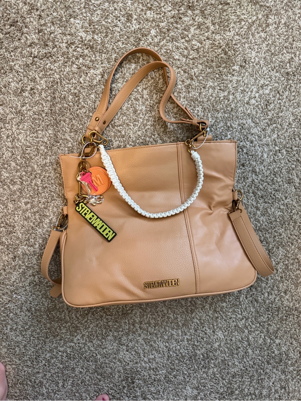 Steve Madden Camel/Tan Leather Tote with Charm and Braided Handle